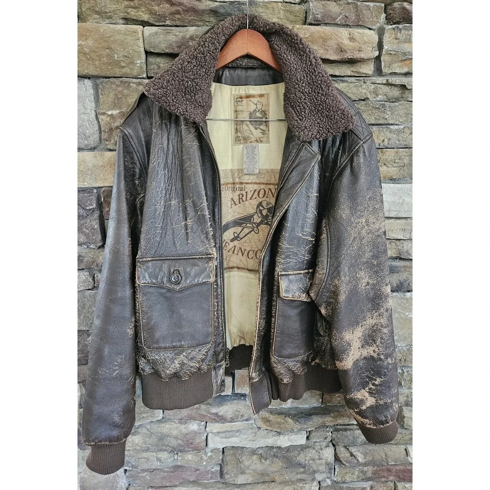 VTG Distressed Arizona Military XL Leather Bomber Flight Jacket Brown Sherpa